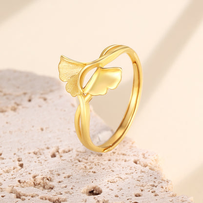 Exquisite 18K Gold Ginkgo Leaf Adjustable Ring for Her - A Nature-Inspired Fine Jewelry Gift