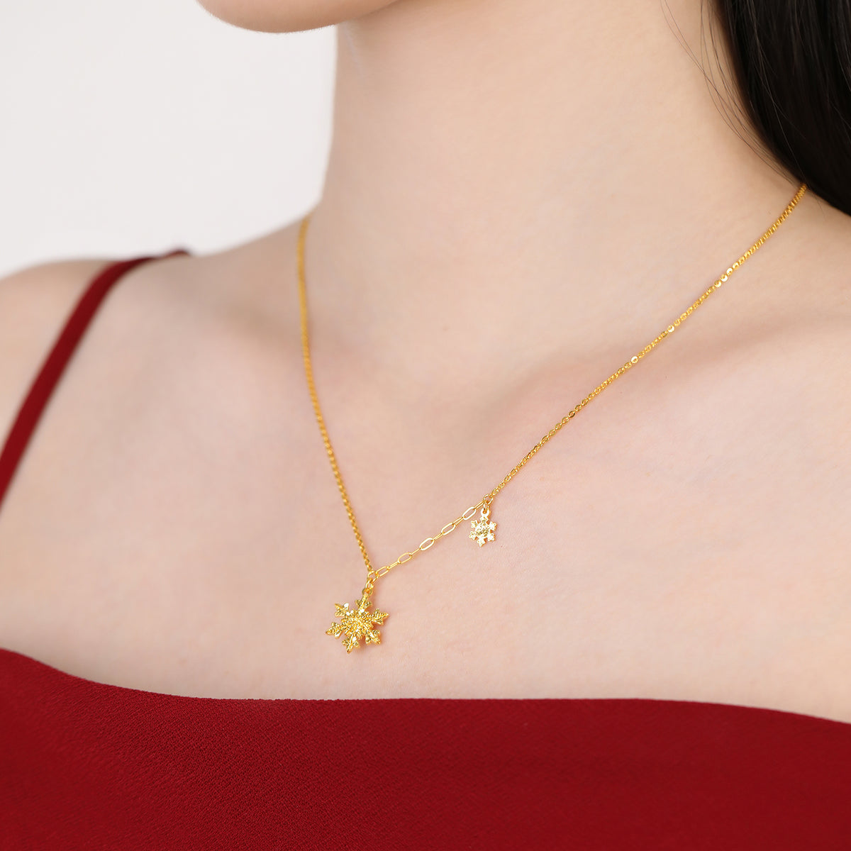 24K solid‑gold dual‑snowflake mixed‑link necklace