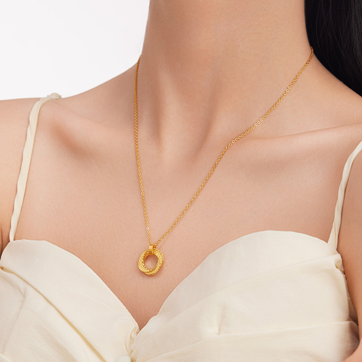 24K Solid‑Gold Intertwined Double‑Ring Pendant