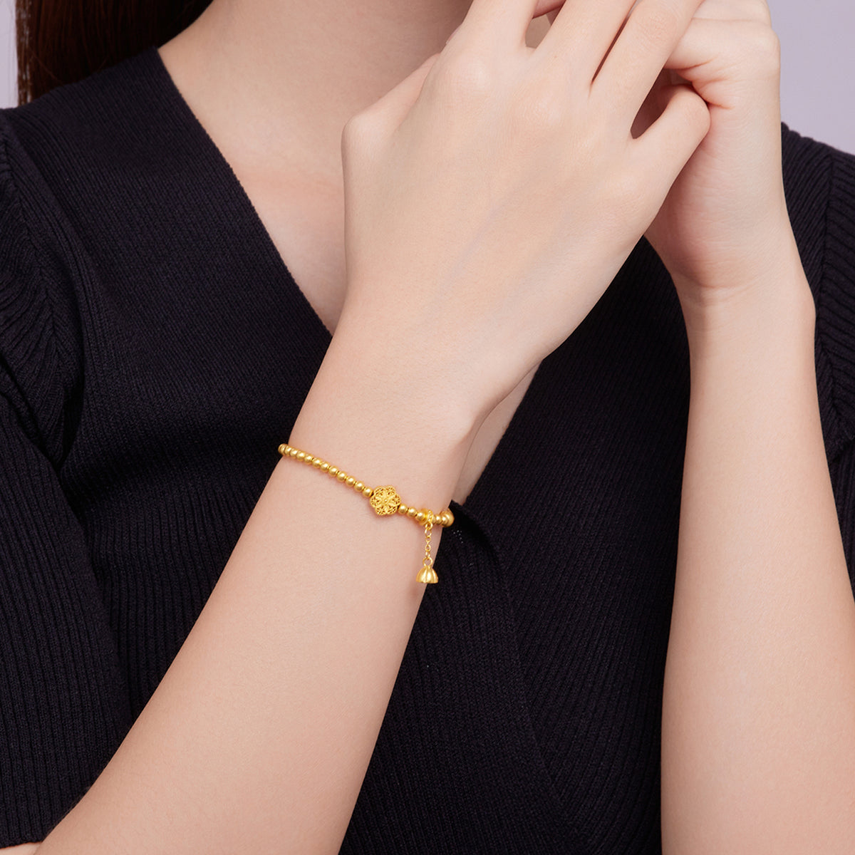 24K Solid‑Gold Beaded Bracelet with Flower Charms