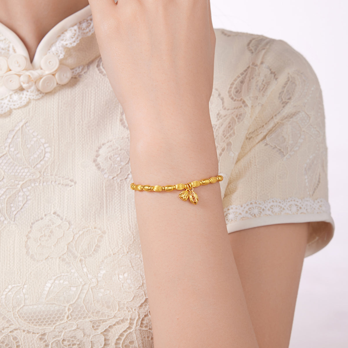 24K Solid‑Gold Beaded Bracelet with Lotus Charms