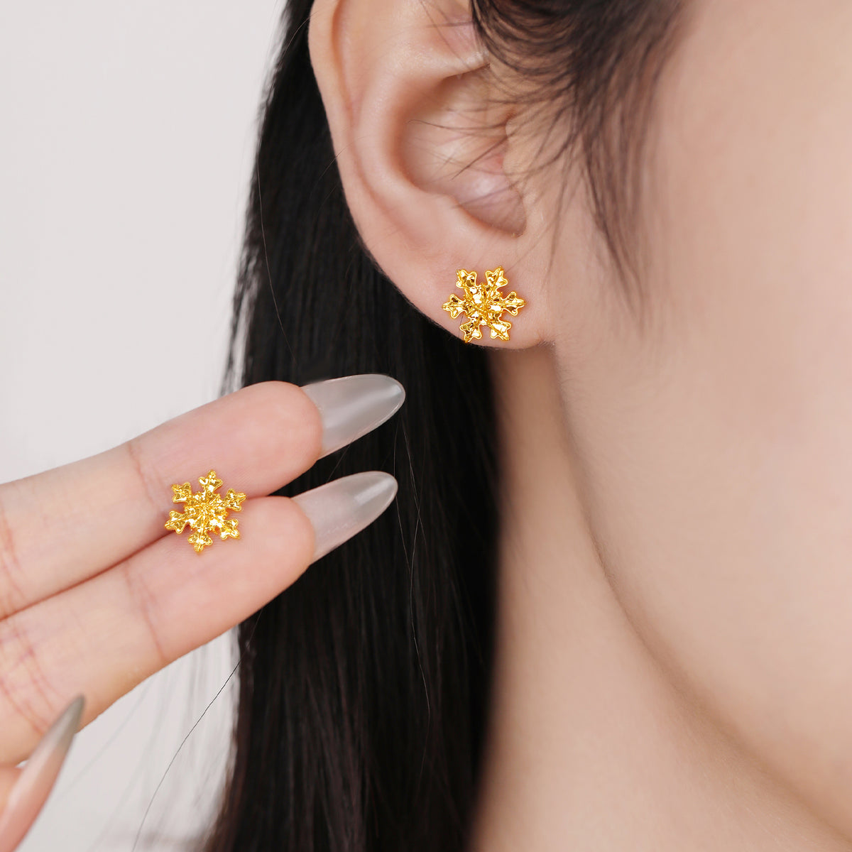 24K Solid‑Gold Snowflake Hook‑Back Stud Earrings