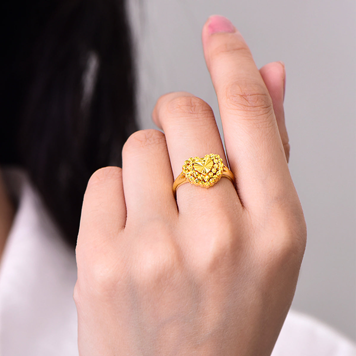 24K Gold Heart‑Shaped Adjustable Ring