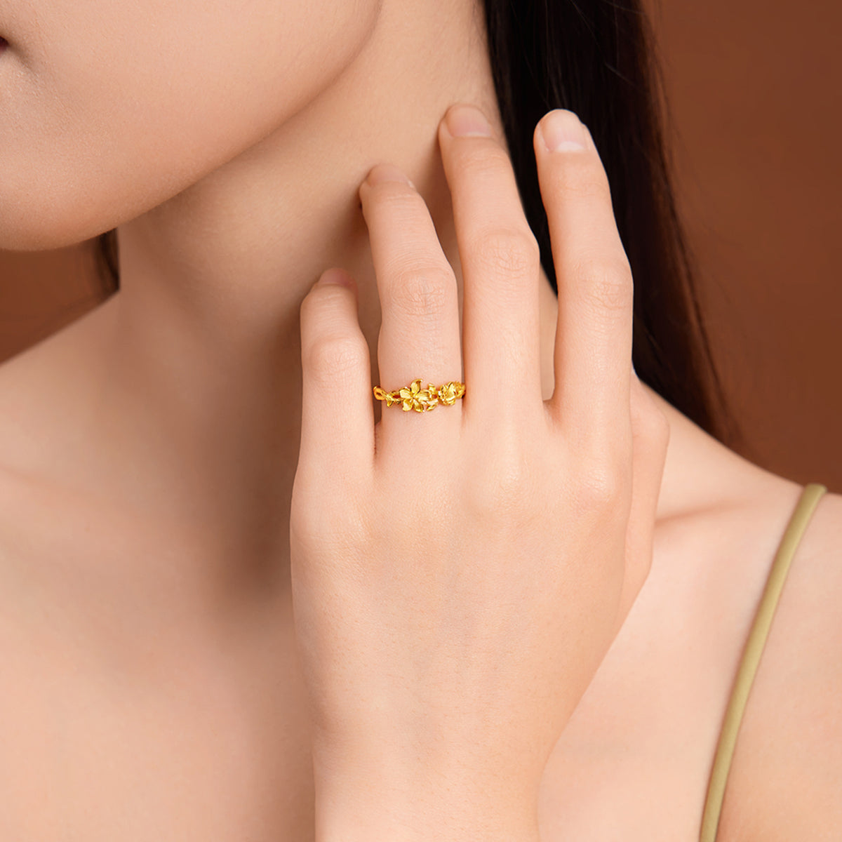 24K solid‑gold dual‑flower adjustable ring
