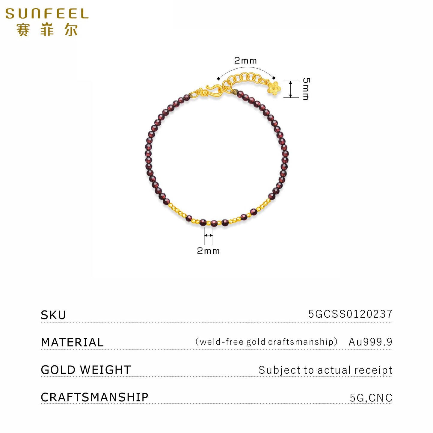 SUNFEEL 24K Gold Garnet Bracelets Gold Beads Bangle Jewelry for Women