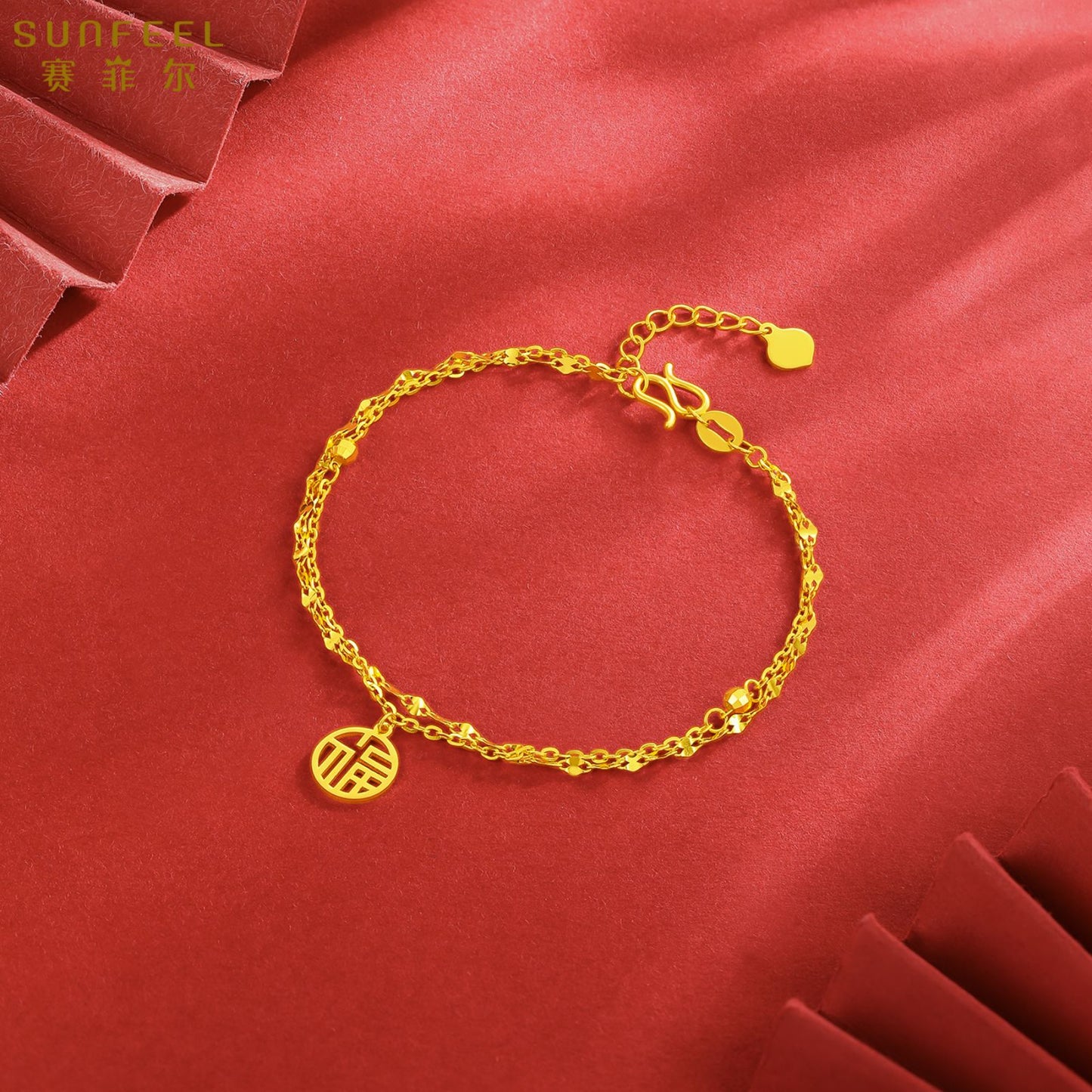 SUNFEEL 24K Gold Double Layer "Fu" Bracelet Gold Chain Bracelets