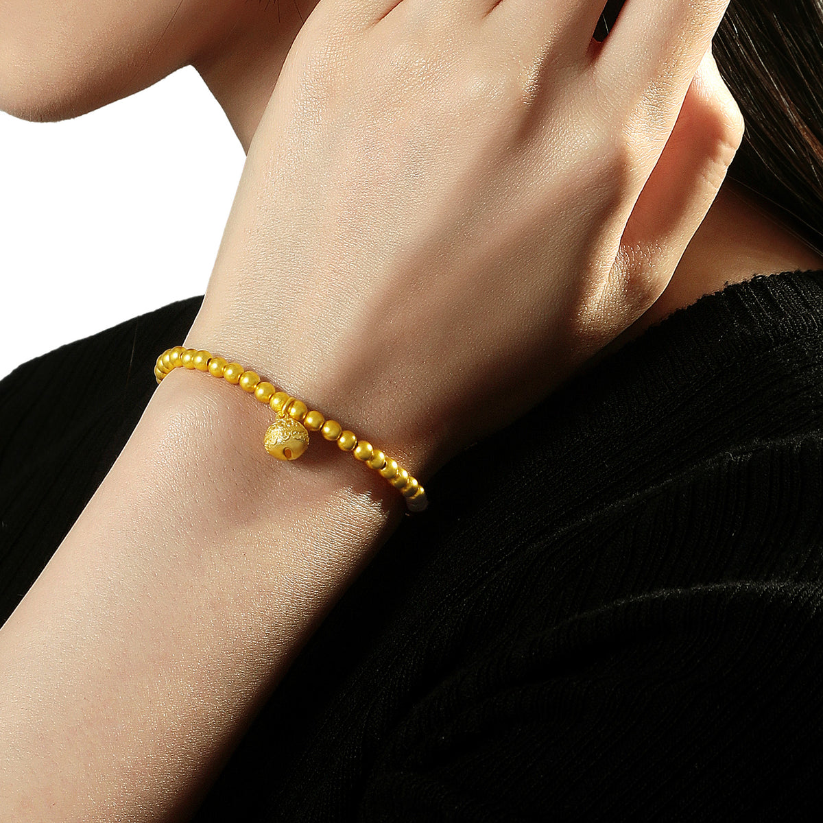 24K Gold Matte Beaded Bracelet With Hollow Bell Charm