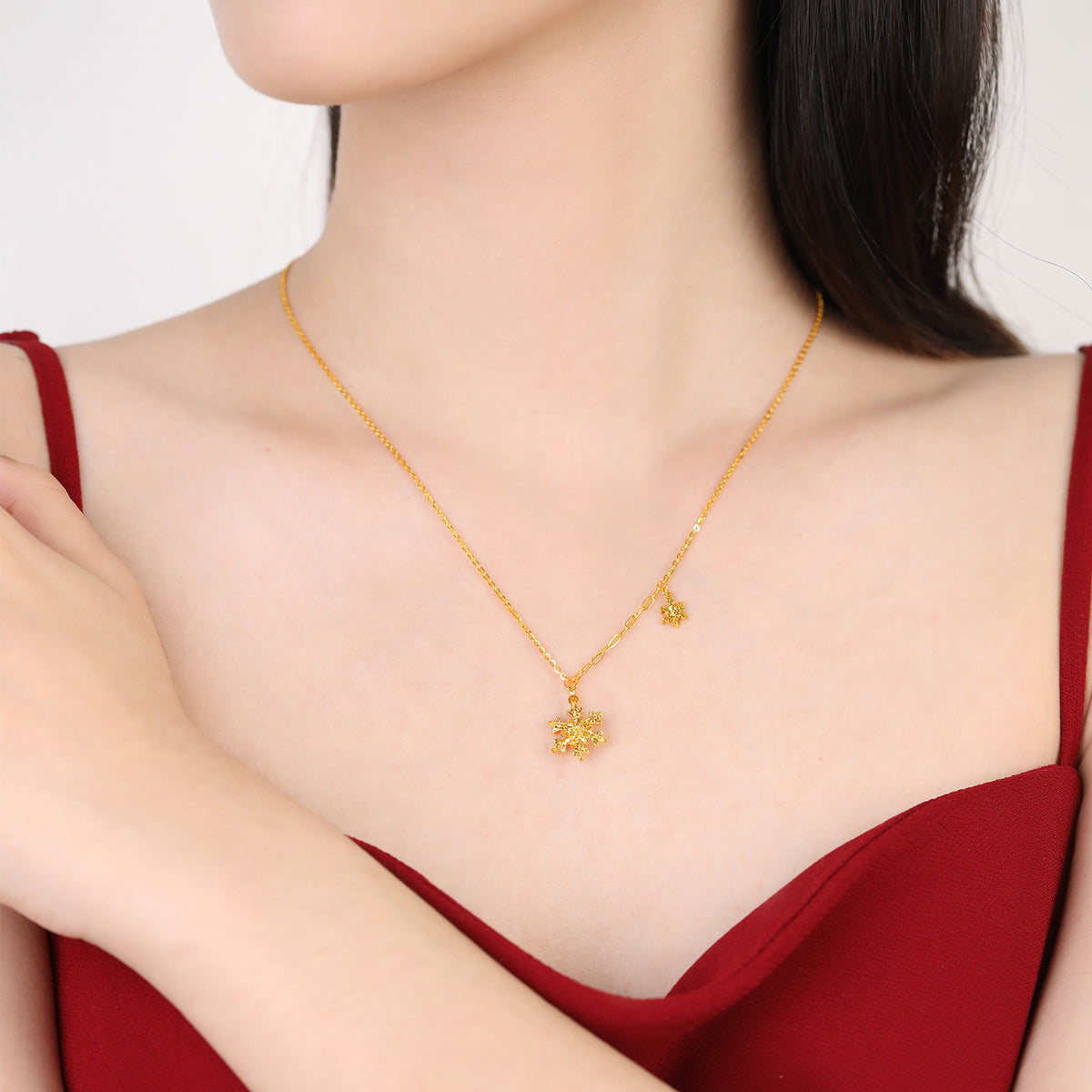 24K solid‑gold dual‑snowflake mixed‑link necklace