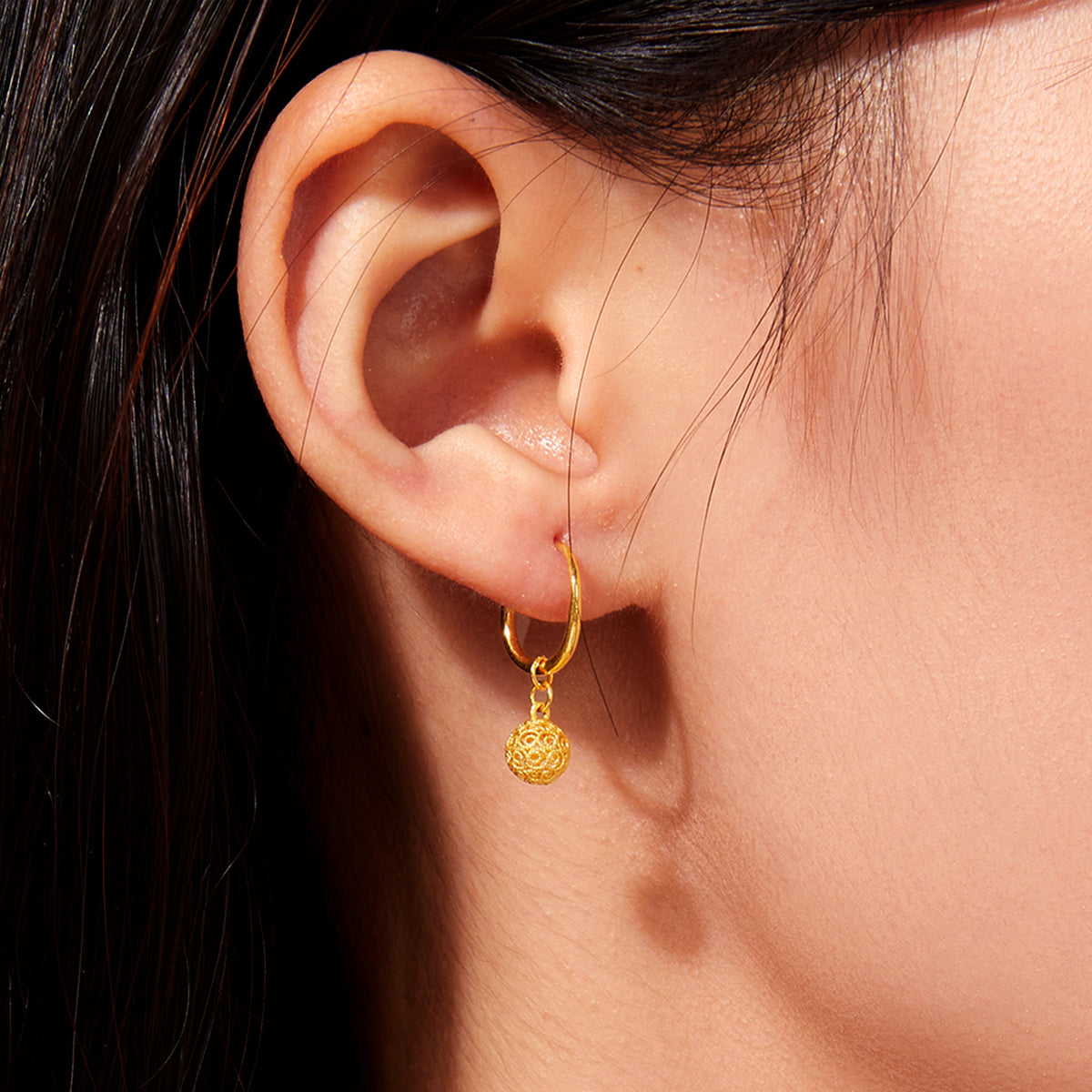 24K Gold Filigree Hollow Sphere Dangle Earrings