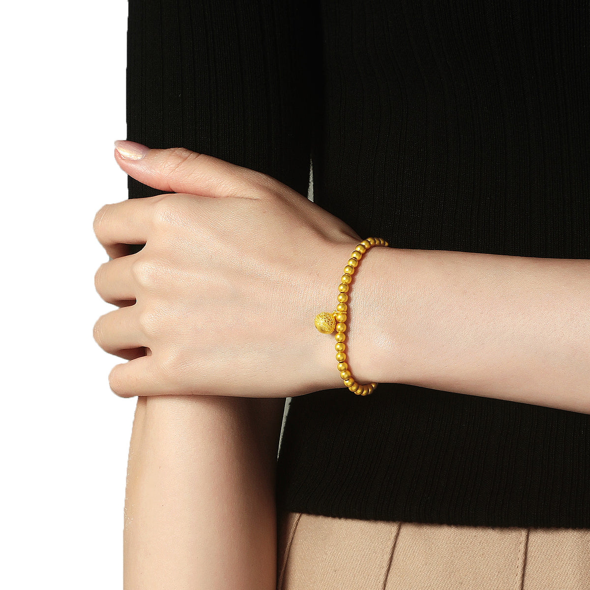 24K Gold Matte Beaded Bracelet With Hollow Bell Charm