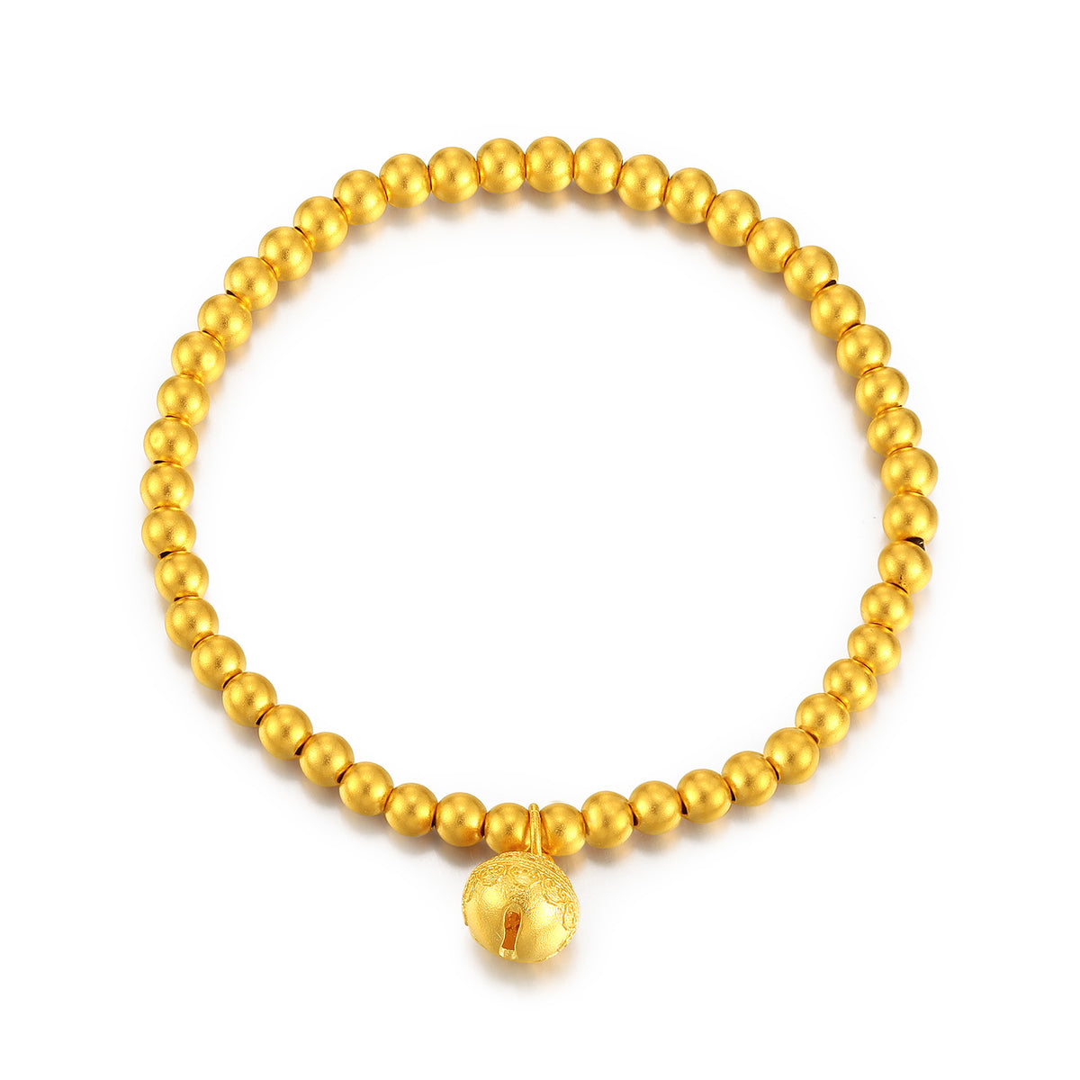 24K Gold Matte Beaded Bracelet With Hollow Bell Charm