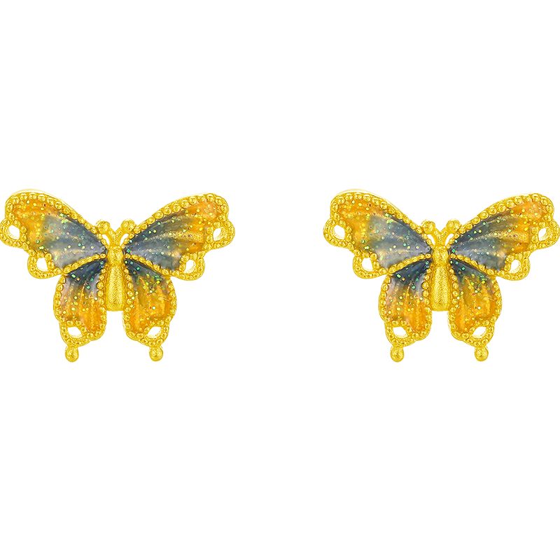 SUNFEEL 24K Gold Butterfly Stud Earrings Dainty Real Yellow Gold Blue Starlight Studs for Women