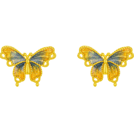 SUNFEEL 24K Gold Butterfly Stud Earrings Dainty Real Yellow Gold Blue Starlight Studs for Women