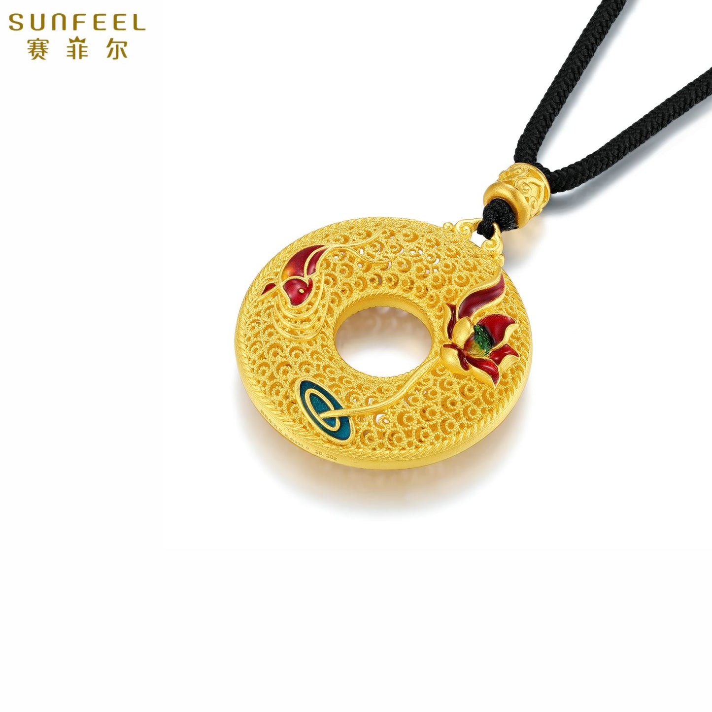 SUNFEEL 24K Gold Enamel Lotus Koi Pendant Peace Buckle Pendant Gold Jewelry Gift