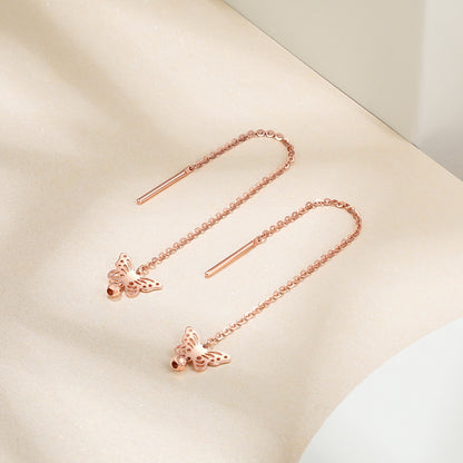 18K Rose Gold Plated Long Dangle Butterfly Earrings – An Exquisite Feminine Jewel Gift for Your Girlfriend