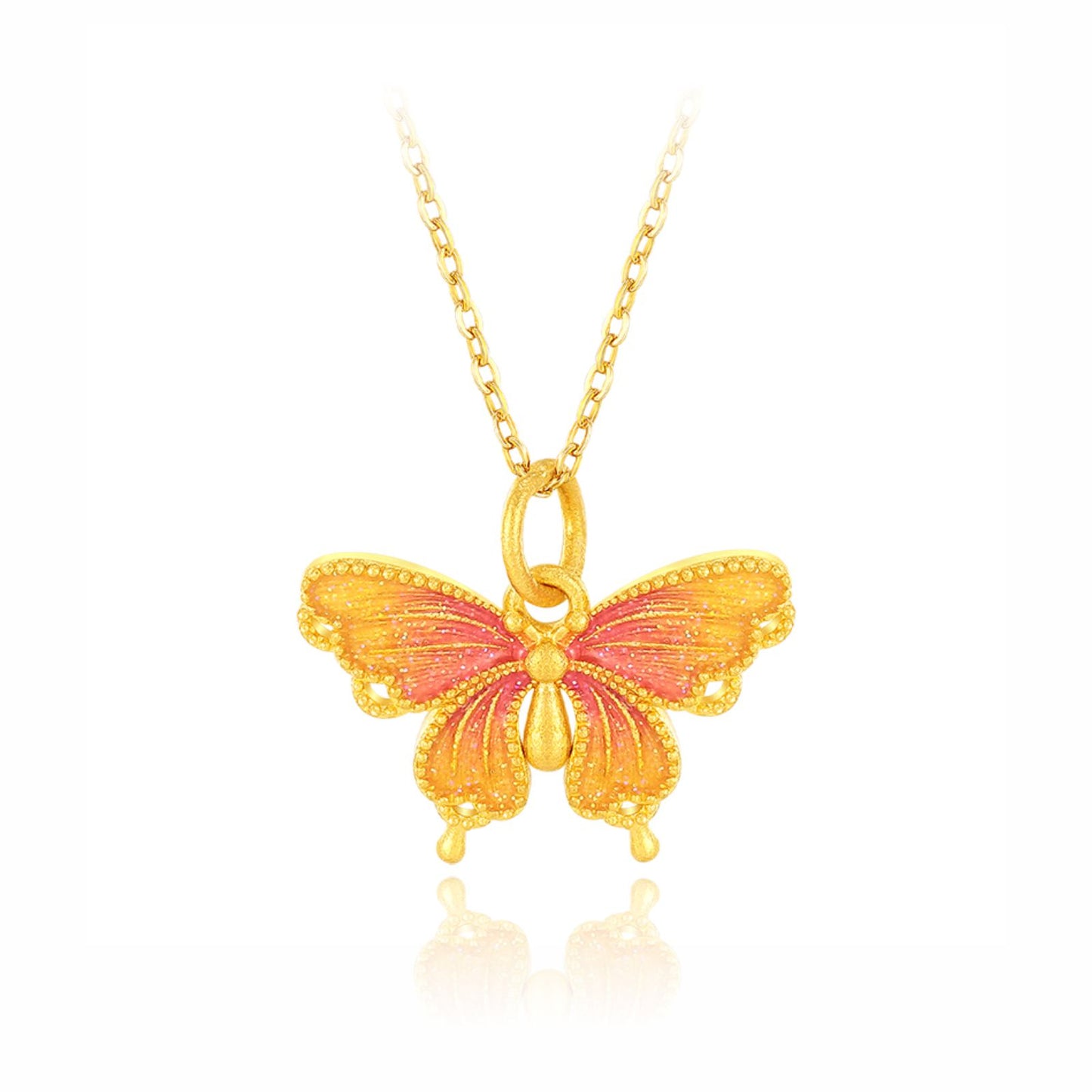 SUNFEEL 24K Gold Butterfly Pendant Pink Starlight Pendant Necklace  Real Solid Gold Jewelry Gifts for Women