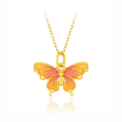 SUNFEEL 24K Gold Butterfly Pendant Pink Starlight Pendant Necklace  Real Solid Gold Jewelry Gifts for Women