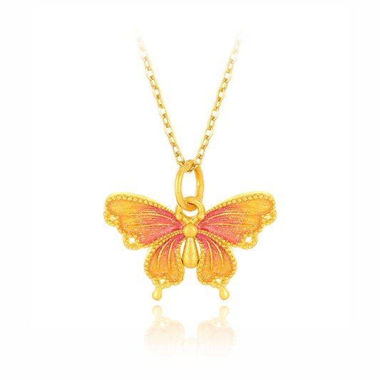 SUNFEEL 24K Gold Butterfly Pendant Pink Starlight Pendant Necklace  Real Solid Gold Jewelry Gifts for Women