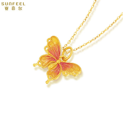 SUNFEEL 24K Gold Butterfly Pendant Pink Starlight Pendant Necklace  Real Solid Gold Jewelry Gifts for Women