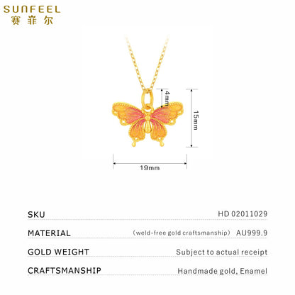 SUNFEEL 24K Gold Butterfly Pendant Pink Starlight Pendant Necklace  Real Solid Gold Jewelry Gifts for Women