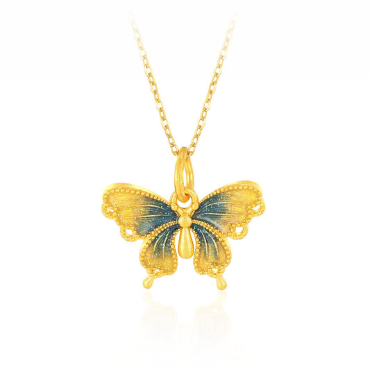 SUNFEEL 24K Gold Butterfly Pendant Blue Starlight Pendant Necklace Real Solid Gold Jewelry Gifts for Women