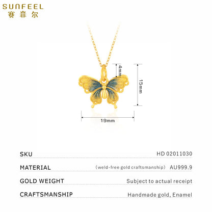 SUNFEEL 24K Gold Butterfly Pendant Blue Starlight Pendant Necklace Real Solid Gold Jewelry Gifts for Women