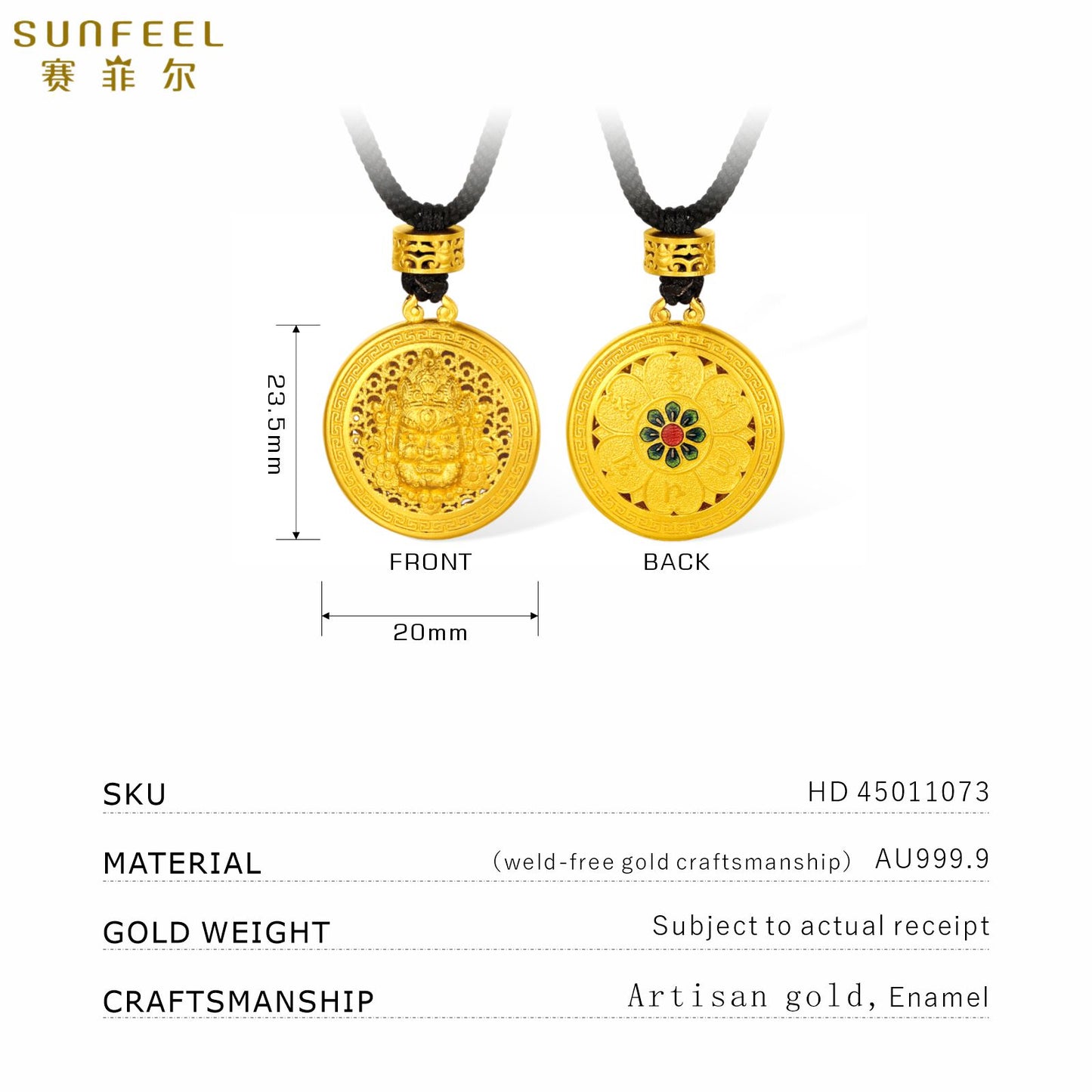 SUNFEEL 24K Gold Enamel Wealth God Pendant Lucky Charm for Prosperity Handmade Jewelry for Men and Women