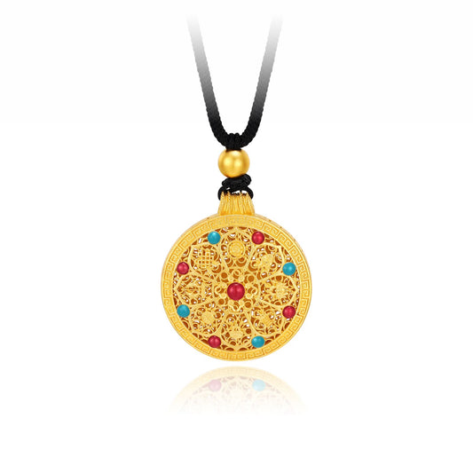 SUNFEEL 24K Gold Enamel Compass Pendant Auspicious Eight Treasures Compass Pendant Necklace for Gifts