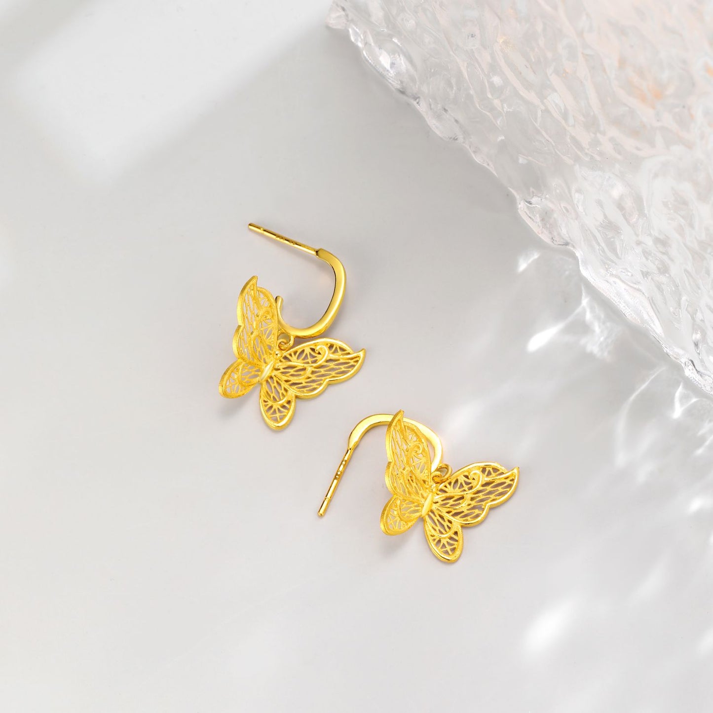 SUNFEEL 24K Gold Butterfly Hook Earrings Dainty Charm Earrings Real Gold Jewelry Gift for Women