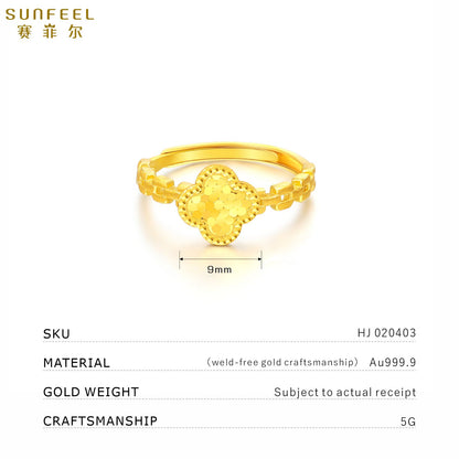 SUNFEEL 24K Gold Four Leaf Clover r Ring Dainty Gold Leaf Flower Ring Jewelry for Women