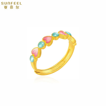 SUNFEEL 24K Gold Enamel Heart Romance Ring Elegant Solid Yellow Gold Ring