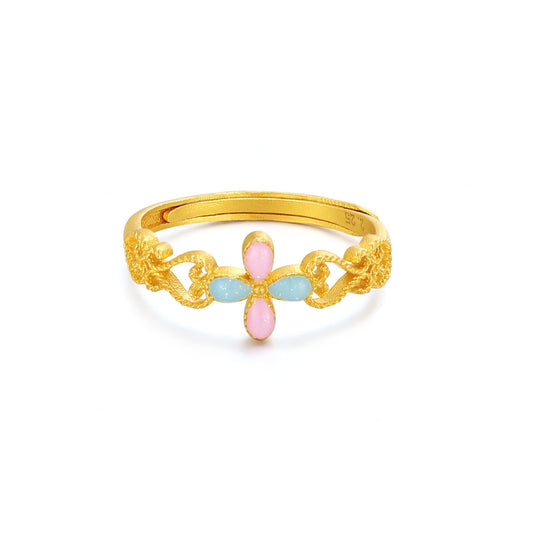 SUNFEEL 24K Gold Enamel Four-Leaf Clover Ring Jewelry for Women