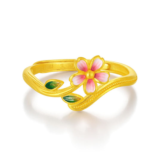 SUNFEEL 24K Gold Enamel Flower Romance Ring Solid Yellow Cherry Blossom Ring