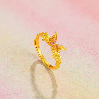 SUNFEEL 24K Gold Butterfly Ring Dainty Real Solid Yellow Gold Ring Stacking Jewelry Gifts for Women