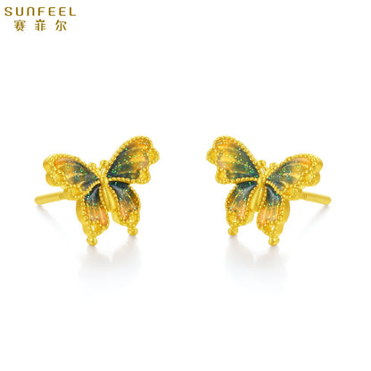 SUNFEEL 24K Gold Butterfly Stud Earrings Dainty Real Yellow Gold Blue Starlight Studs for Women