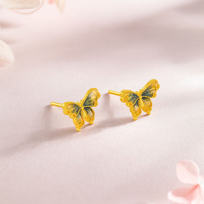 SUNFEEL 24K Gold Butterfly Stud Earrings Dainty Real Yellow Gold Blue Starlight Studs for Women