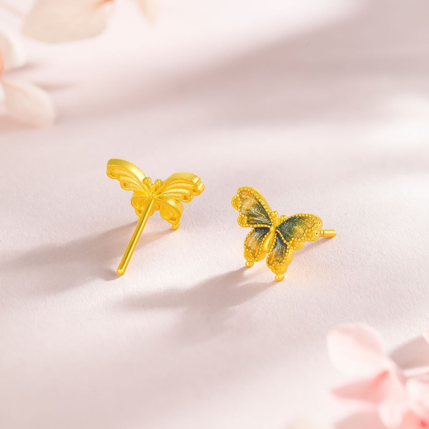 SUNFEEL 24K Gold Butterfly Stud Earrings Dainty Real Yellow Gold Blue Starlight Studs for Women