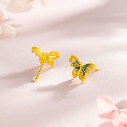 SUNFEEL 24K Gold Butterfly Stud Earrings Dainty Real Yellow Gold Blue Starlight Studs for Women