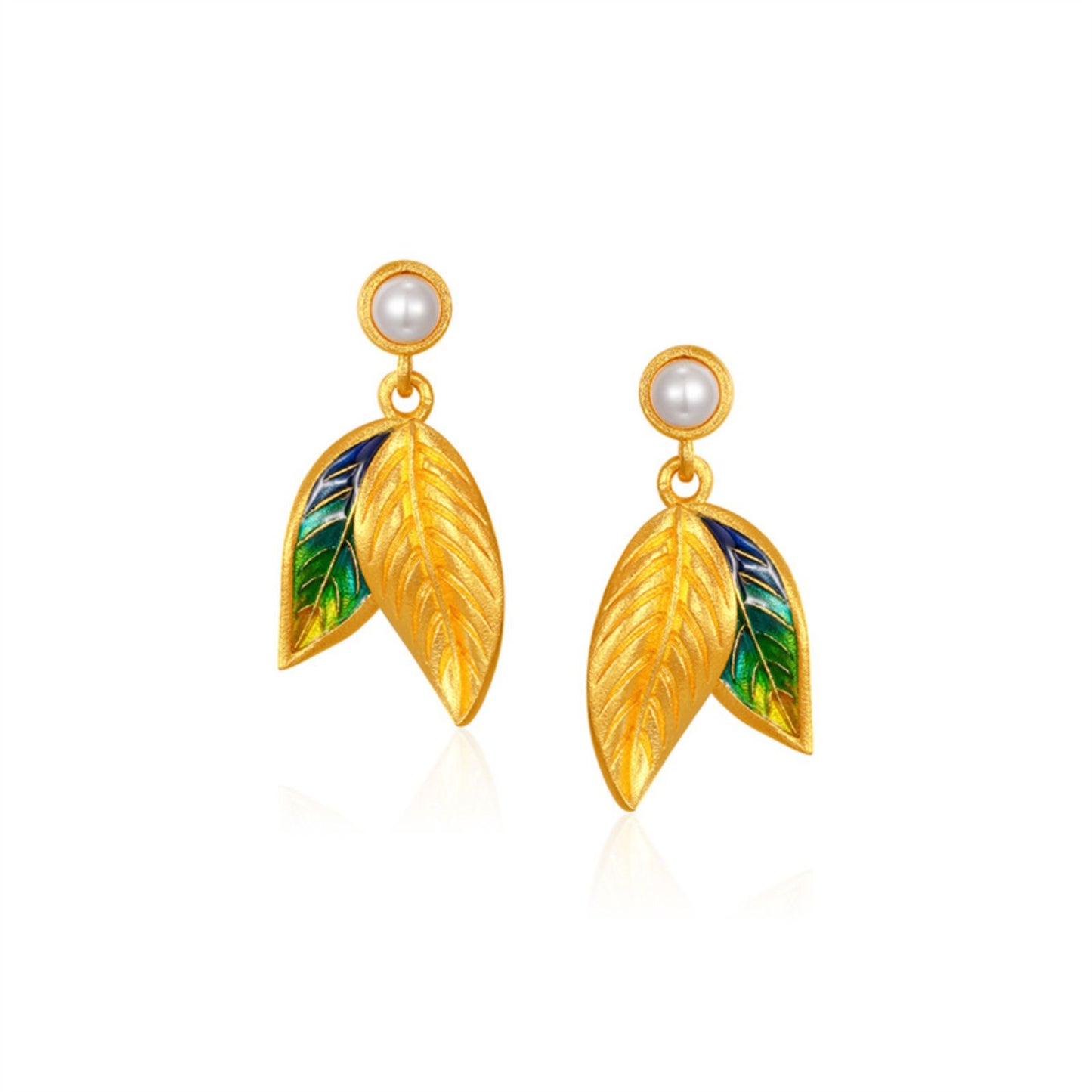 SUNFEEL 24K Gold Pearl Earrings Green Leaf Stud Earrings Dangle Gold Jewelry Gift for Women