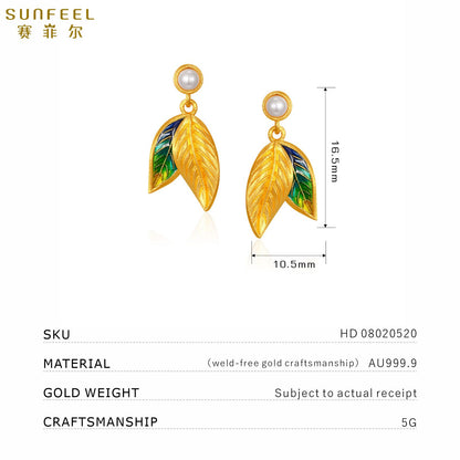 SUNFEEL 24K Gold Pearl Earrings Green Leaf Stud Earrings Dangle Gold Jewelry Gift for Women