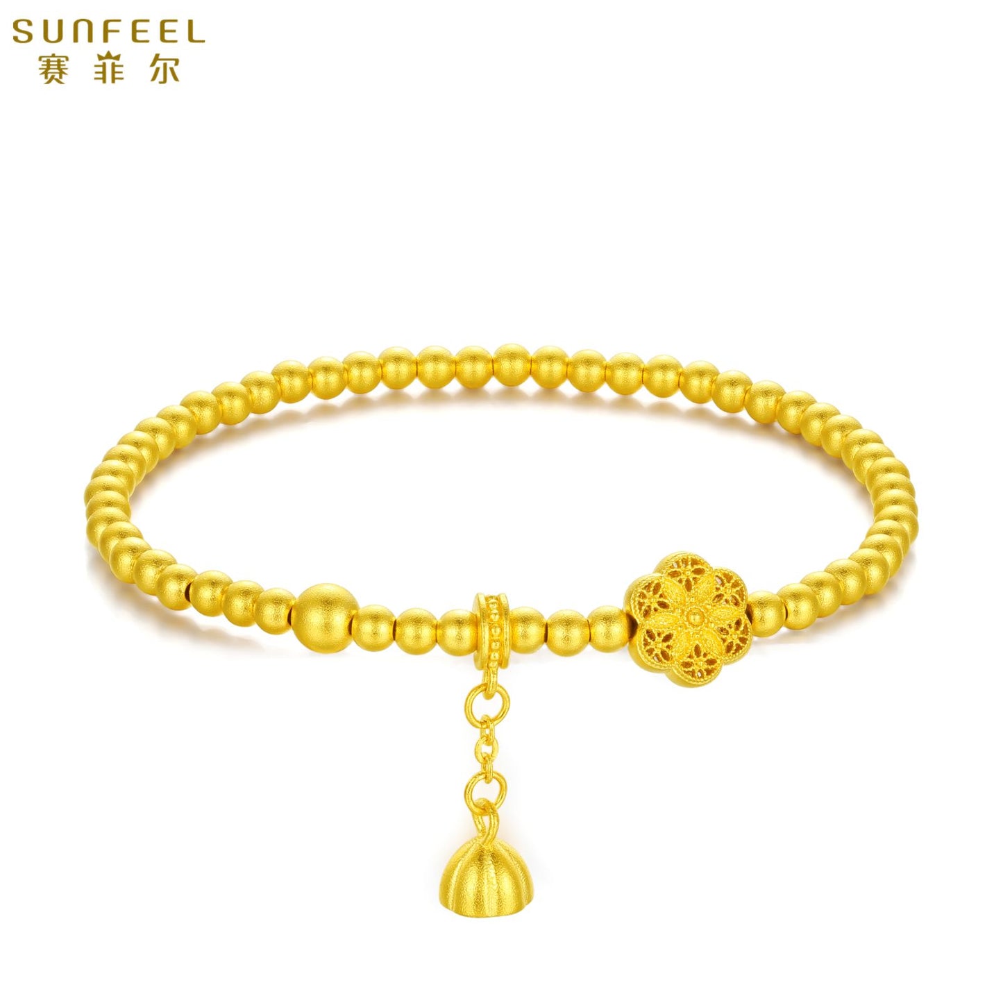 SUNFEEL 24K Gold Lotus Flower Bracelet Gold Beads Bangle Jewelry for Women