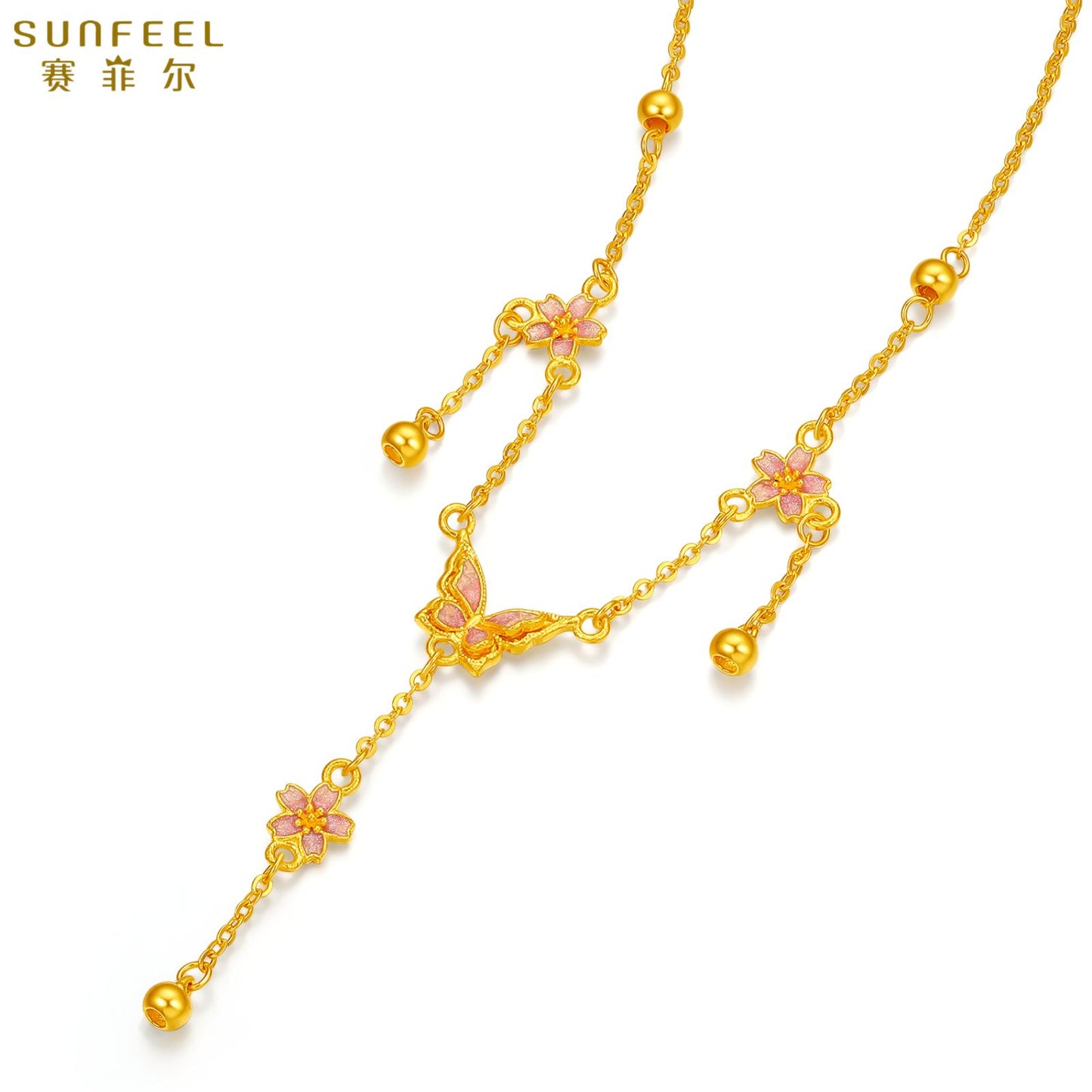 SUNFEEL 24K Gold Flower Dangle Necklace Tassels Gold Beads Necklace Chain Butterfly Jewelry Gifts for Women