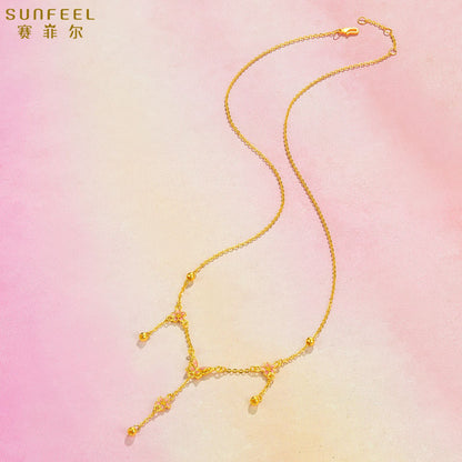 SUNFEEL 24K Gold Flower Dangle Necklace Tassels Gold Beads Necklace Chain Butterfly Jewelry Gifts for Women