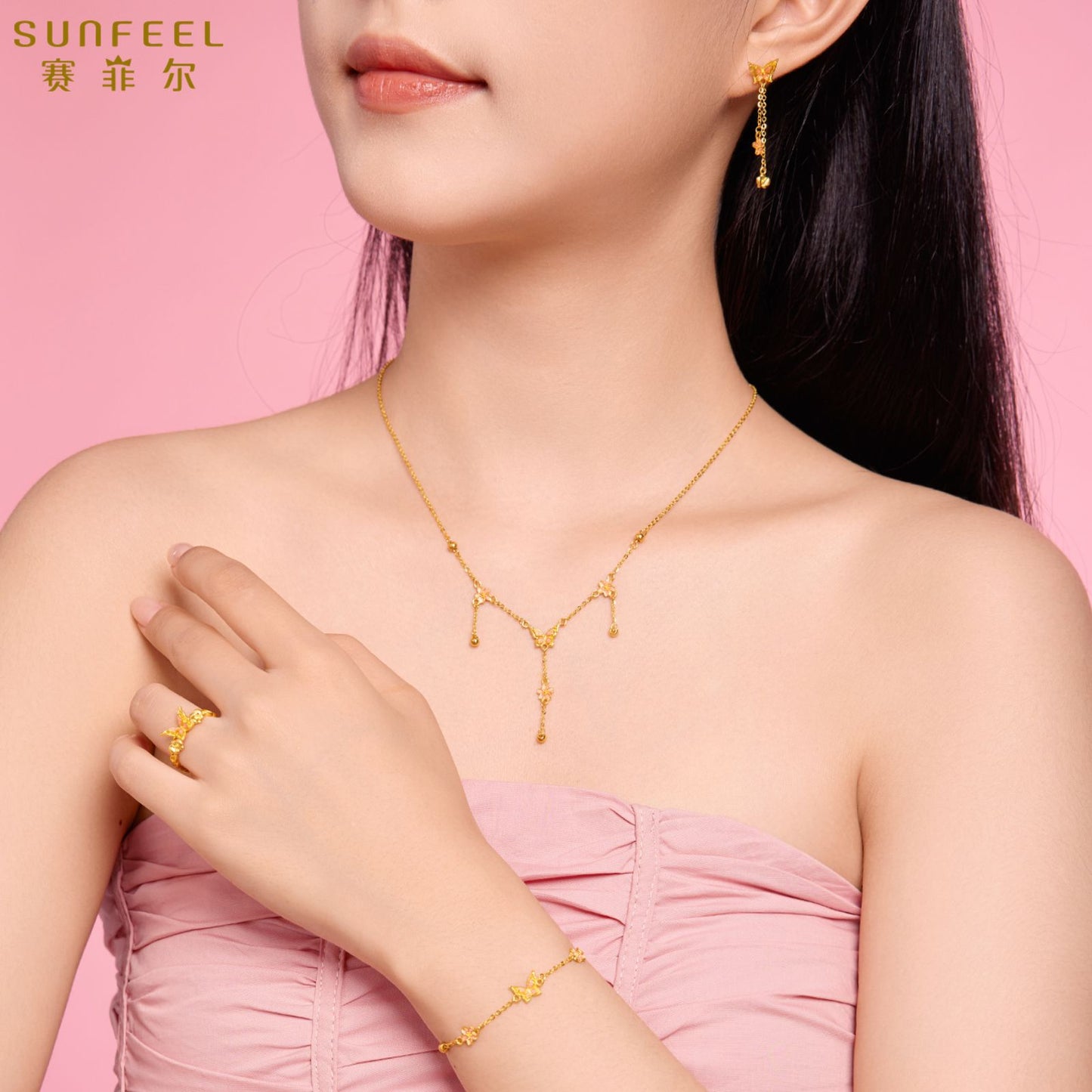 SUNFEEL 24K Gold Flower Dangle Necklace Tassels Gold Beads Necklace Chain Butterfly Jewelry Gifts for Women