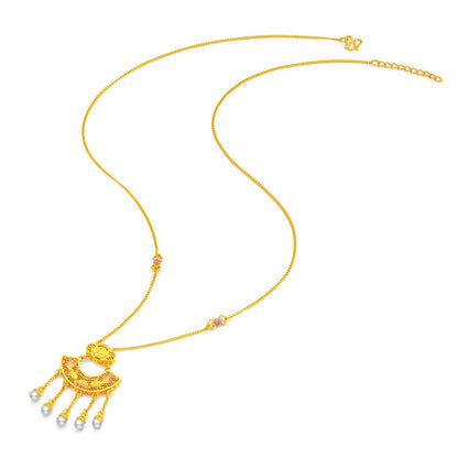 SUNFEEL Moonlight Elegance Series 24K Gold Pearl Enamel Koi Necklace Gold Pearl Tassel Necklaces Jewelry for Women