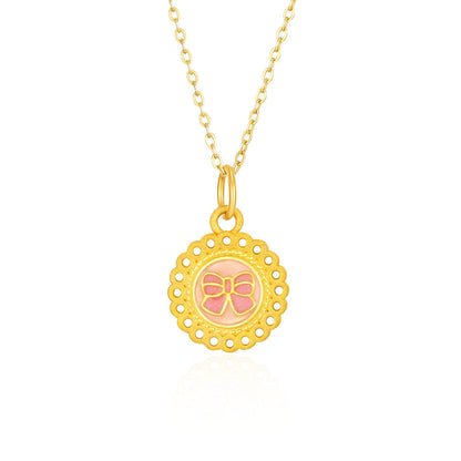 SUNFEEL 24K Gold Pink Enamel Romantic Pendant Gold Bow Pendant Necklace