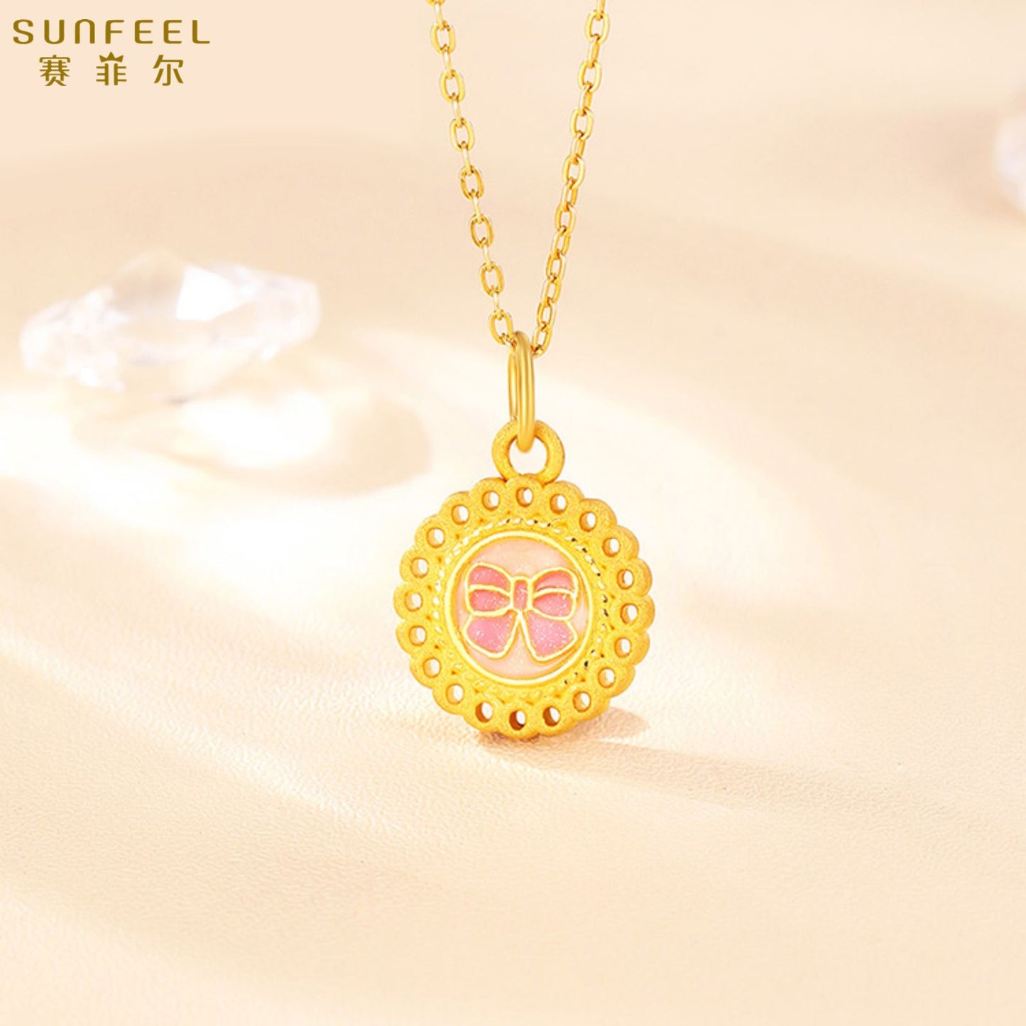 SUNFEEL 24K Gold Pink Enamel Romantic Pendant Gold Bow Pendant Necklace