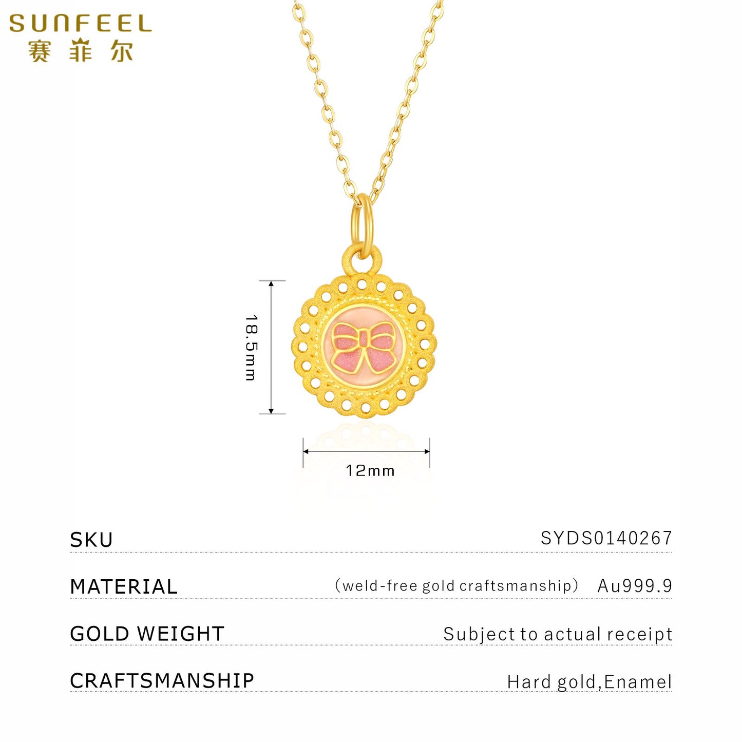 SUNFEEL 24K Gold Pink Enamel Romantic Pendant Gold Bow Pendant Necklace