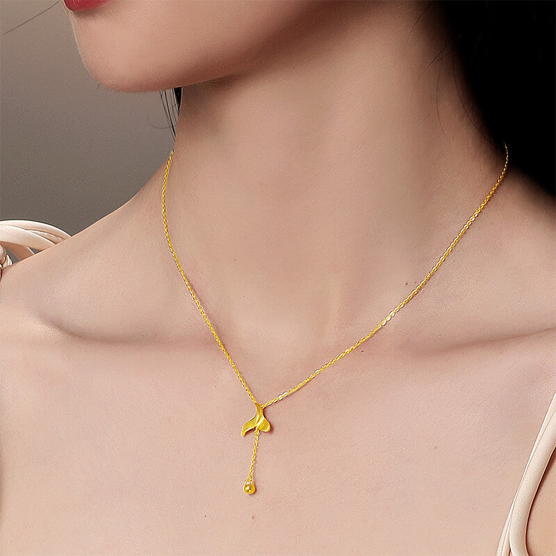 24k Solid Gold Cast Mermaid Tail Pendant Necklace Set