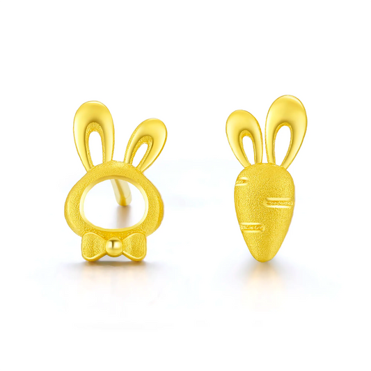 24K Gold Bunny & Carrot Mismatched Stud Earrings